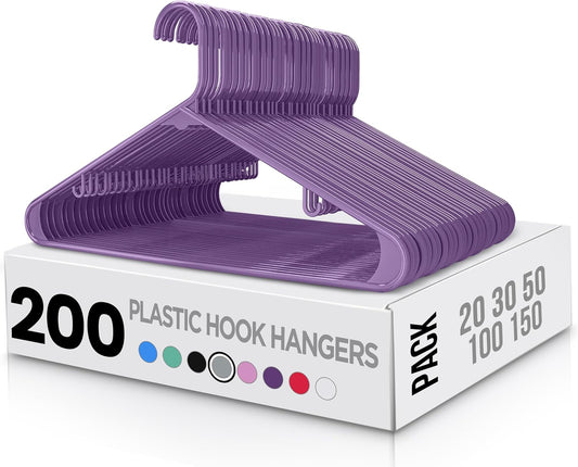 Utopia Home Plastic Hangers 200 Pack - Durable Space-Saving Clothes Hangers - Heavy-Duty Purple Design