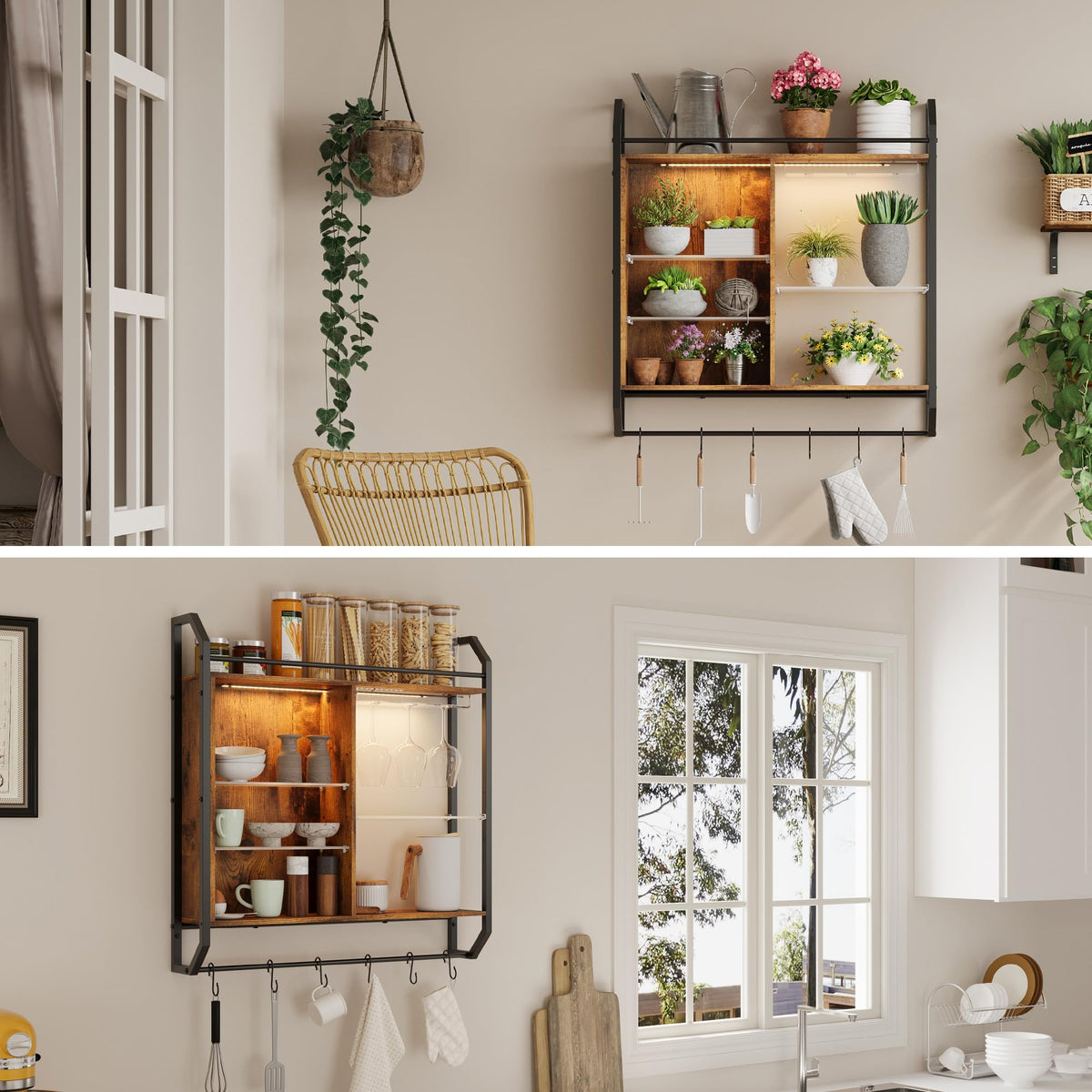 Wall Mounted Rack with LED Lights and Glass Holder, Floating Shelves with 6 S-Hooks,Hanging Wine Glass Rack for Coffee Bar,Home Decor,Gaming Shelf, Hanging Display Rack Bookshelf, Teen Boys Bedroom