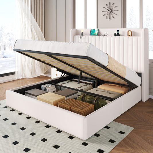 SHA CERLIN Queen Size Lift Up Storage Bed Frame with Charging Station/USB,Type-C Port/Storage Headboard/Velvet Upholstered/Hydraulic Support/No Box Spring Needed/Noise Free/White