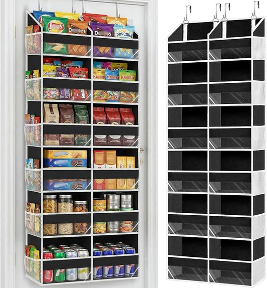 Over The Door Organizer 6 Tiers, Extra Large Behind Door Storage of 12 Compartments, 80 lbs Weight Capacity Hanging Storage Organizer with Clear Window Kids Toys, Shoes, Diapers, Room Storage,Black