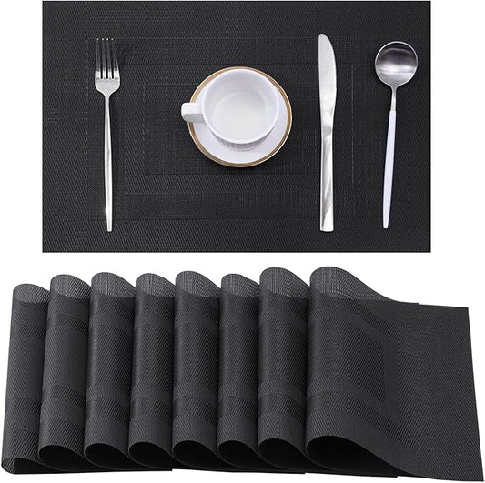 Leetaltree Black Frame Placemats Set of 8 - Heat Resistant Non-Slip Place mats for Dining Table, Washable Durable PVC Vinyl Woven Table Matsï¼Black Frame, 8ï¼