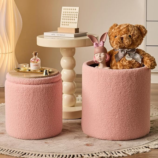 BLEXA Round Ottoman with Storage Set of 2 - Upholstered Sherpa Vanity Stool for Makeup Multifunctional Ottomans Coffee Table Padded Seat Foot Rest for Living Room & Bedroom (Sherpa Pink)