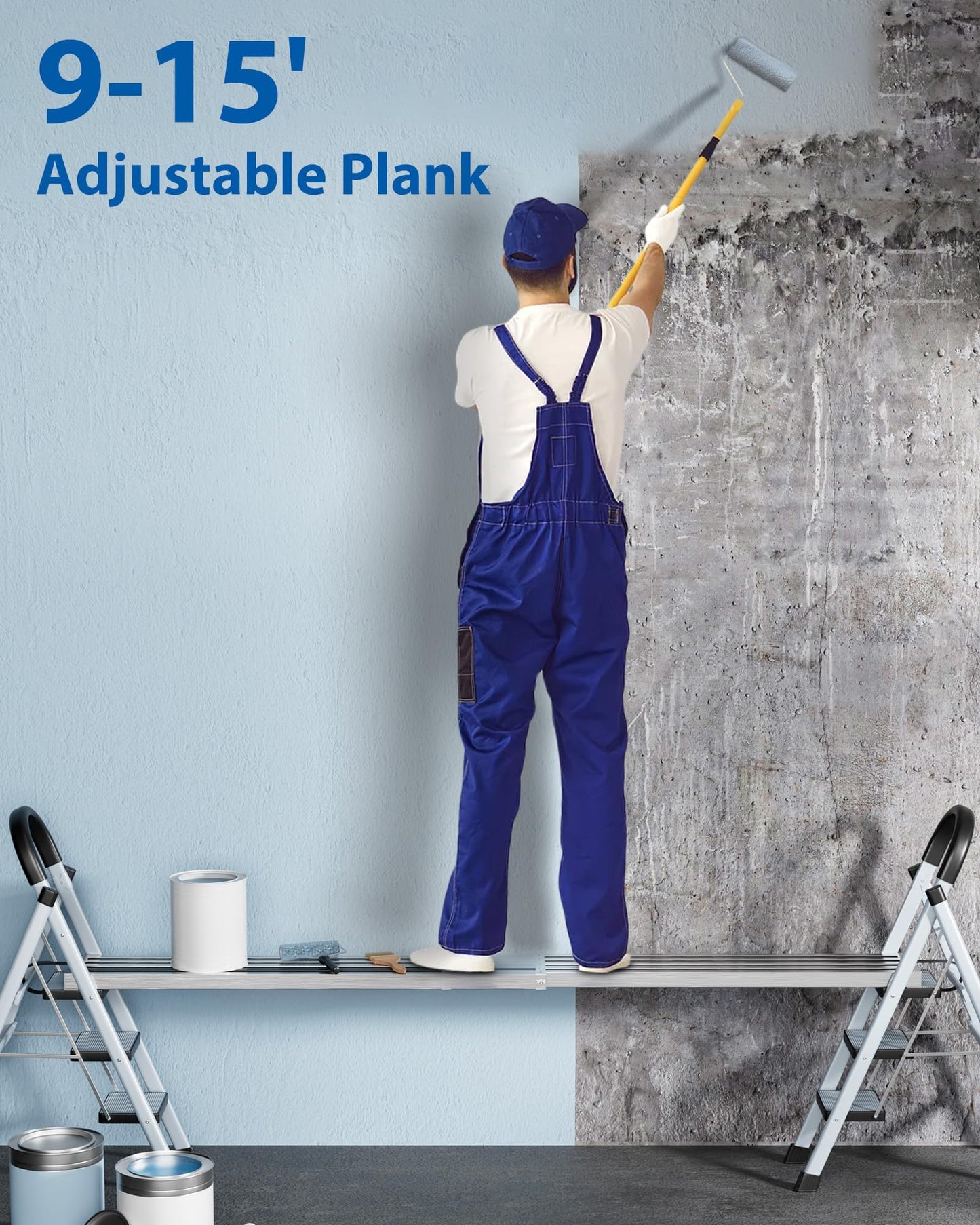 9-15ft Telescoping Aluminum Extension Plank, Adjustable Anti-Slip Work Platform, 440lbs Capacity, Scaffold Ladder Board for Construction and Maintenance