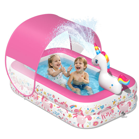 JOSEN Unicorn Kiddie Pool with Canopy and Sprinkler, Inflatable Baby Pool with Soft Cushioned Floor, Portable Toddler Blow Up Pool Ball Pit for Backyard, Outdoor/Indoor Play Toys