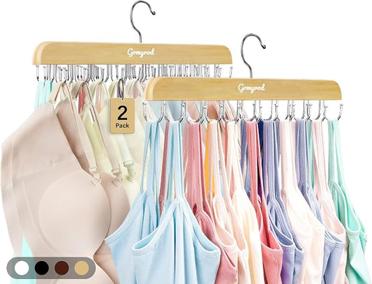 Gomyrod Bra Hanger for Closet, Tank Top Hangers 2 Pack w/20 Hooks Holds 40 Bras, Capacity Foldable Wood Space Saving Hanger, 360°Rotating Closet Organizers and Storage for Dorm & Apartment