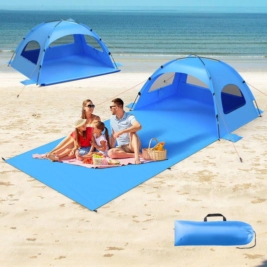 Beach Tent Sun Shelter with Extended Sand Mat 114×82inch，UPF 50+ Protection, 3 Double-Layer Windows for Enhanced Privacy; Portable Beach Shade, 3-4 People. Windproof and Waterproof