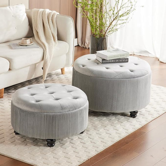 29&24.5inch Large Round Storage Ottoman Coffee Table Set of 2 Modern Button Storage Coffee Table with Removable Lid for Living Room Upholstered Footrest Stool for Bedroom (Large-Light Grey)