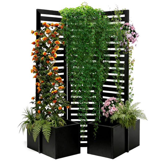 3-in-1 Privacy Fence Screen with Planter Boxes, 51x70x31 Inch Outdoor Metal Room Divider & Garden Partition, Freestanding Backyard/Patio/Deck Privacy Screen with 4 Self-Watering Raised Garden Beds, Bl