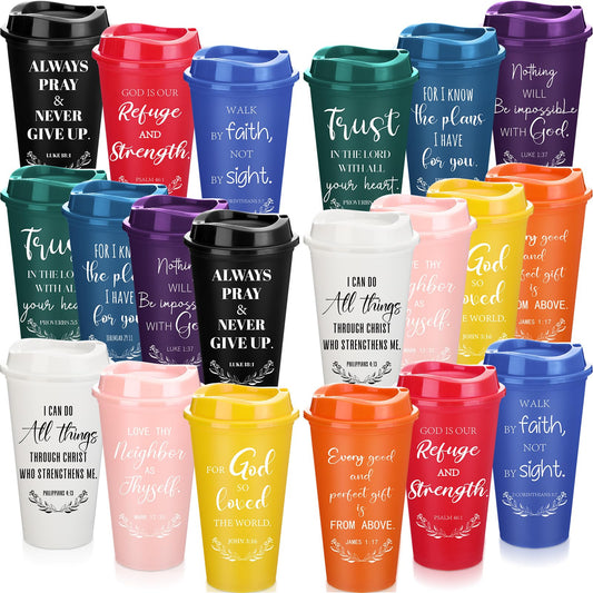 Skylety 20 Pack Christian Gifts for Men Women 16oz Reusable Bible Verse Tumbler Bulk Plastic Coffee Cup with Lid Inspirational Religious Church Gift for Mother Father Birthday (Multicolor)