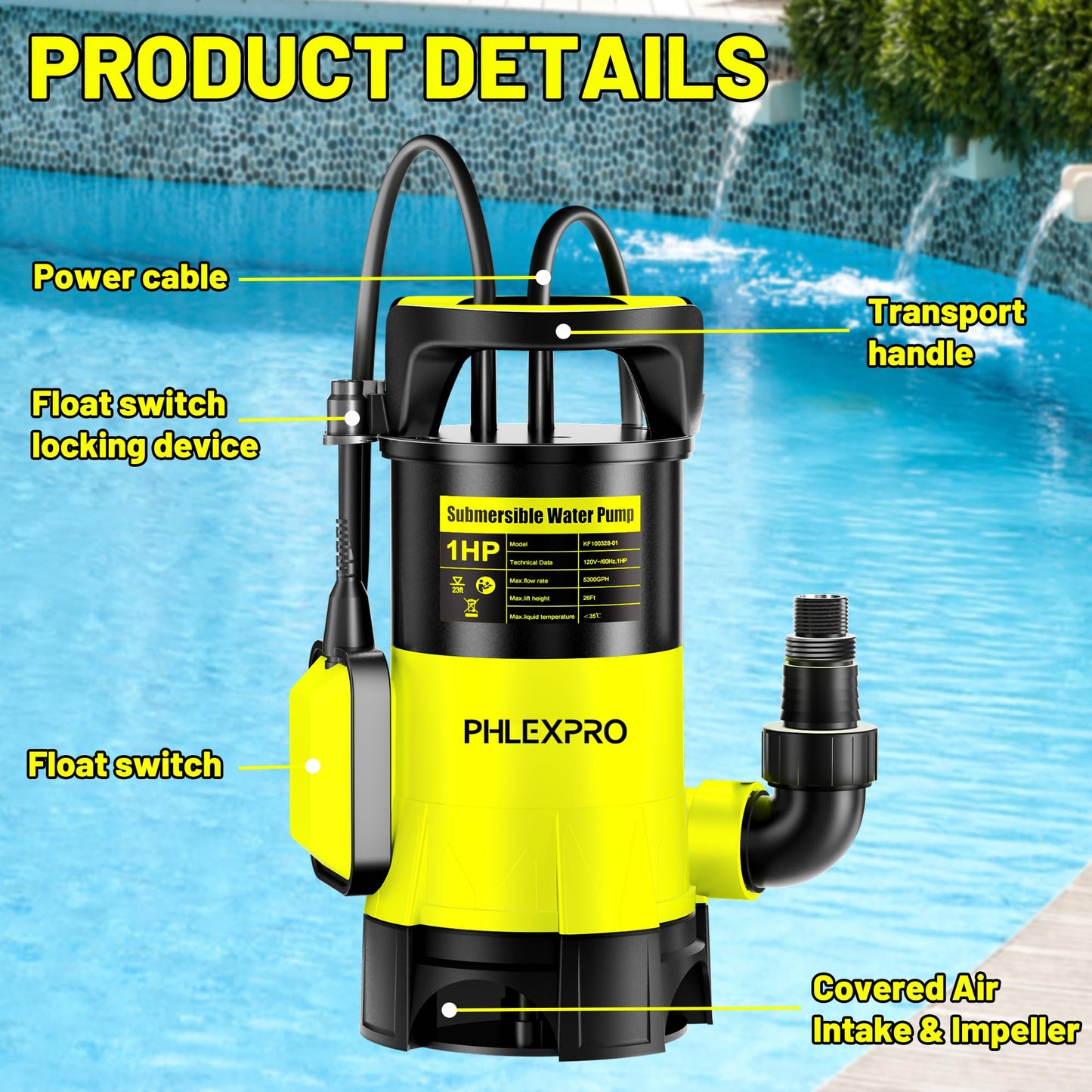 Submersible Water Pump 1HP 5300GPH High Flow Clean/Dirty Water Transfer Pump with Automatic Float Switch,26FT Long Cord,Sump Pump for Pool, Pond,Garden, Flooded Cellar, Aquarium and Irrigation