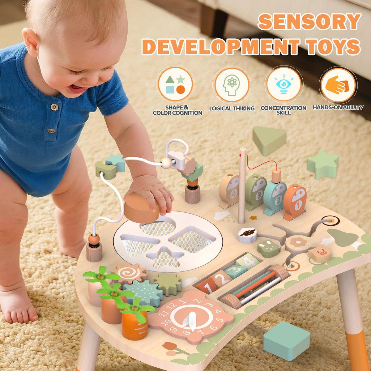 Weilim Activity Table, 9-in-1 Wooden Montessori Toy Activity Center with Shape Sorter Fishing Game Bead Maze, Baby Play Table Sensory Educational Toys for Toddler
