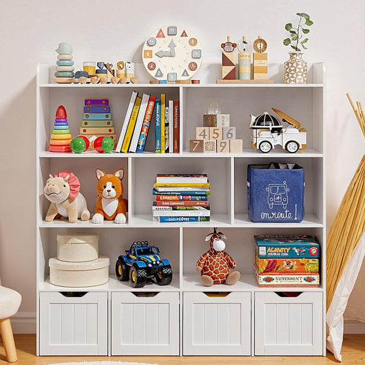 Gizoon Toy Storage Cabinet and Kids Bookcase with 4 Movable Drawers and 8 Open Shelves Toy Chest Shelf Organizer with Hidden Wheels for Playroom Nursery Kids Room, White
