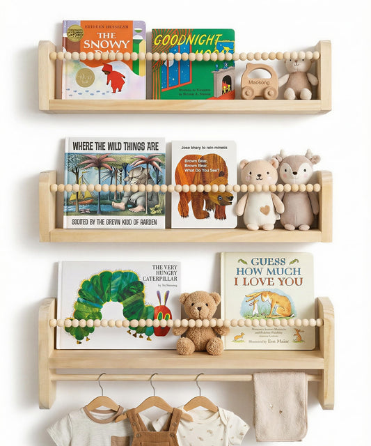 Mazjoaru Nursery Book Shelves for Wall Set of 3, Natural Wood Bookshelves Wall Decor, Small Floating Shelf Organizer for Kids Room, Bedroom, Kitchen Spice Rack