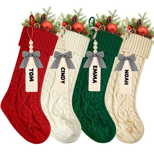 18 Inches Personalized Christmas Stockings: 4 Pack Ivory Red Green Khaki Knit Christmas Stockings Set with Name Tags Christmas Decor Neutral Xmas Decorations Holiday Farmhouse Indoor Home Decor