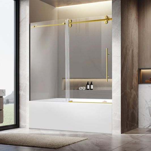 Bathroom Frameless Sliding Rectangle Shower Door, 56"-60"*60" H-Type Shower Door with 5/16" Clear Tempered Glass and Brushed Gold Stainless Steel Hardware with Reversible Handle