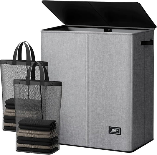 SOLEDI Double Laundry Basket with Lid and Removable bag, Large Laundry Hamper 2 Section with handles, Collapsible Dirty Clothes Hampers for Laundry, Bedroom, Dorm, College