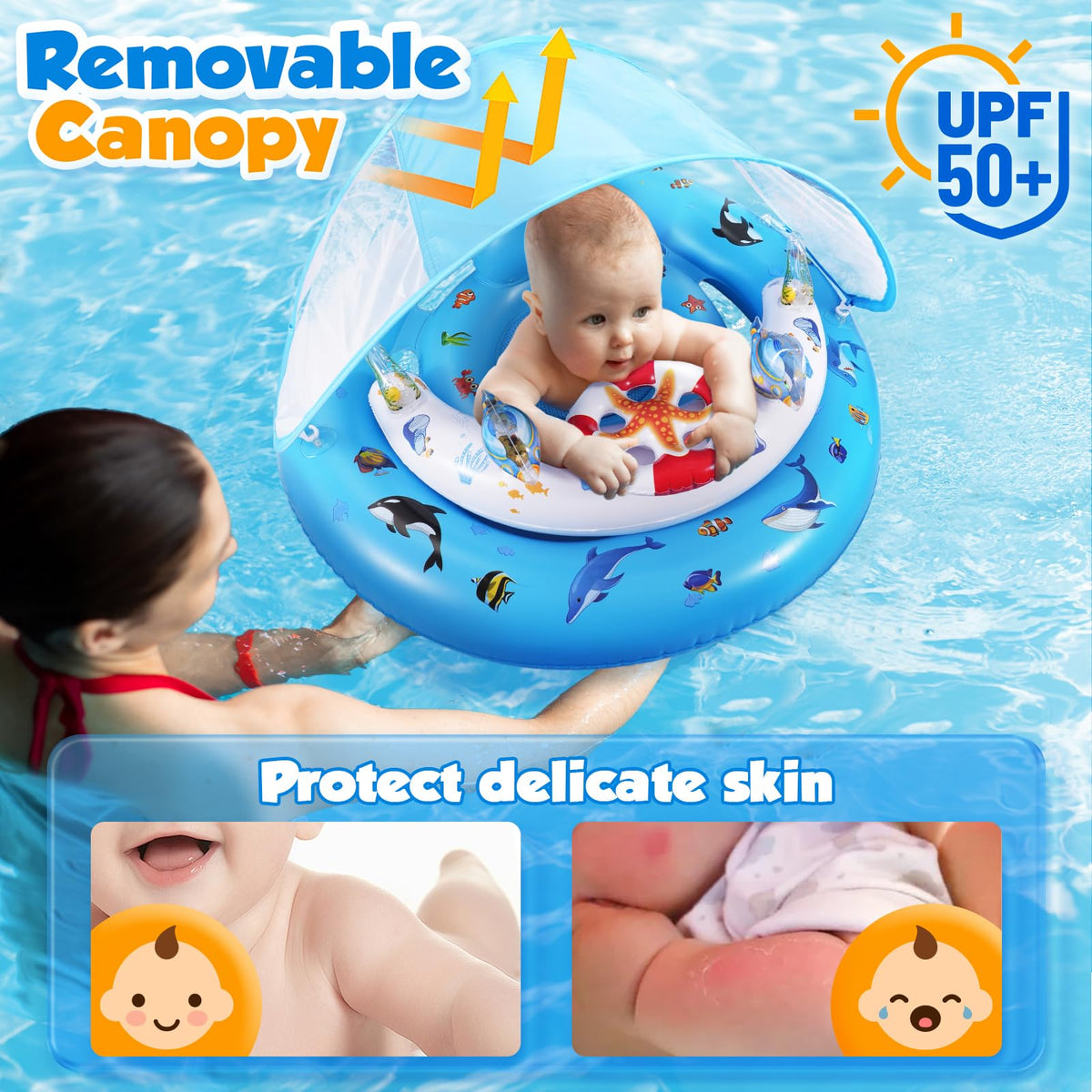 Baby Pool Float with Canopy UPF50+ Sun Protection, Inflatable Kids Pool Floats with Toy Play Console for Baby 6-36 Months, Infant Swimming Float with Adjustable Safety Seat for Boys Girls
