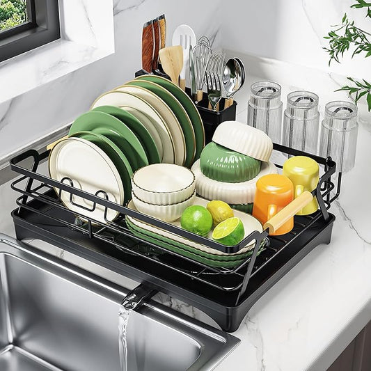 Epicano Dish Drying Rack for Kitchen Counter,Black,Large Capacity | Raised Feet,Rustproof,Wooden Handle,Auto-Drainage System,Cup Holder & Knife Slots, Sink Storage Organizer