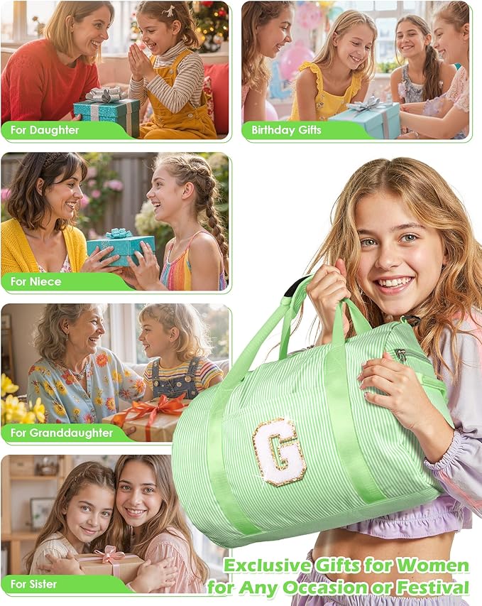 Birthday Gift Ideas, Girl Gym Bag, Kids Monogram Overnight Duffel Bags with Shoe Compartment, Personalized Travel Bag with Makeup Pouch, Sweet Girls Gift for Niece Sister Friend (Letter H)