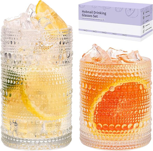 Moretoes Water Glass Cups Set of 2 Hobnail Drinking Glasses, Vintage Glassware 12 Oz Highball Glasses & 10 Oz Cocktail Glasses, Clear Embossed Tumbler Glassware Set for Whiskey, Beer, Juice, Milk