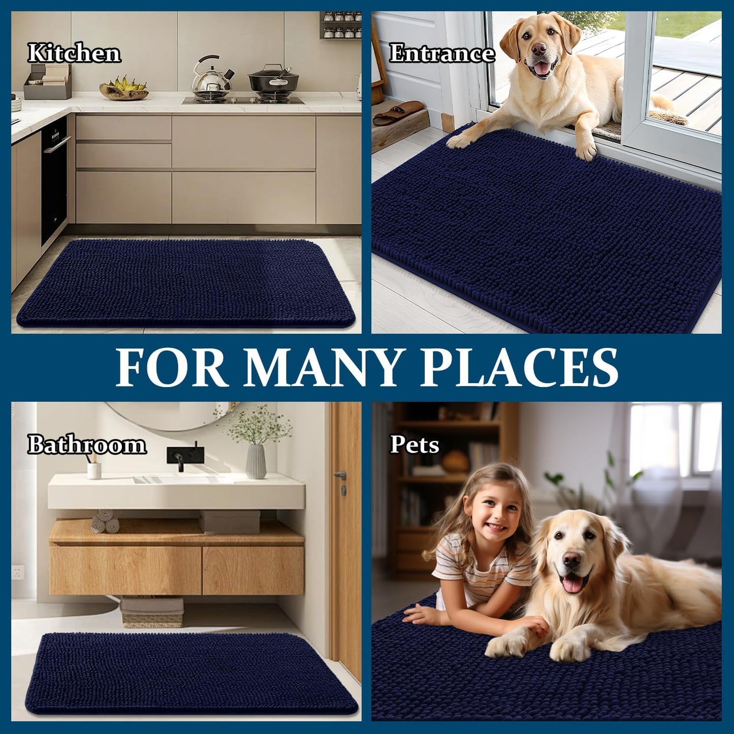 OLANLY Dog Door Mat - Absorbent Non-Slip Washable Chenille Mat for Muddy Paws | 48x30, Navy Blue