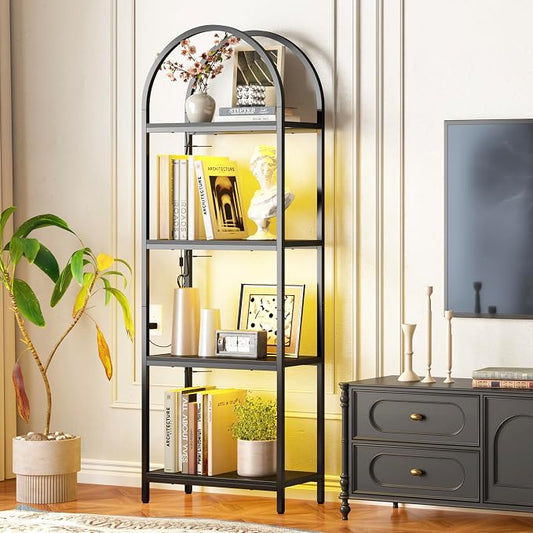 Yusong LED Bookshelf 4 Tier Arched Bookcase, 71.3" Tall Industrial Open Book Shelves for Living Room, Modern Freestanding Display Storage Rack with Metal Frame, Office, Bedroom, Black