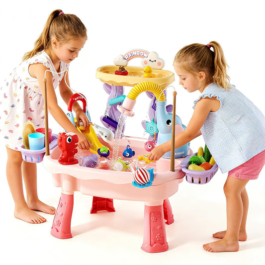 Poruary 2027 Upgraded Toddler Sand Water Table Toy with Electric Water Pump, Kids Sand Water with Faucet/Play Food Accessories/Fishing Toy, Kitchen Play Sink Toys for Girl Boy Age 3+ (Pink)