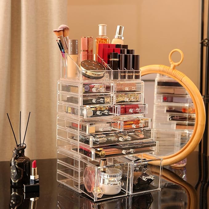 Cq acrylic 4 Pack Clear Makeup Organizer Countertop,Stackable 12 Drawers Skincare Organizer,Cute Skin Care Organizer for Vanity Hair Clip,Jewelry,Beauty Product Desk and Make Up Organizers for Vanity