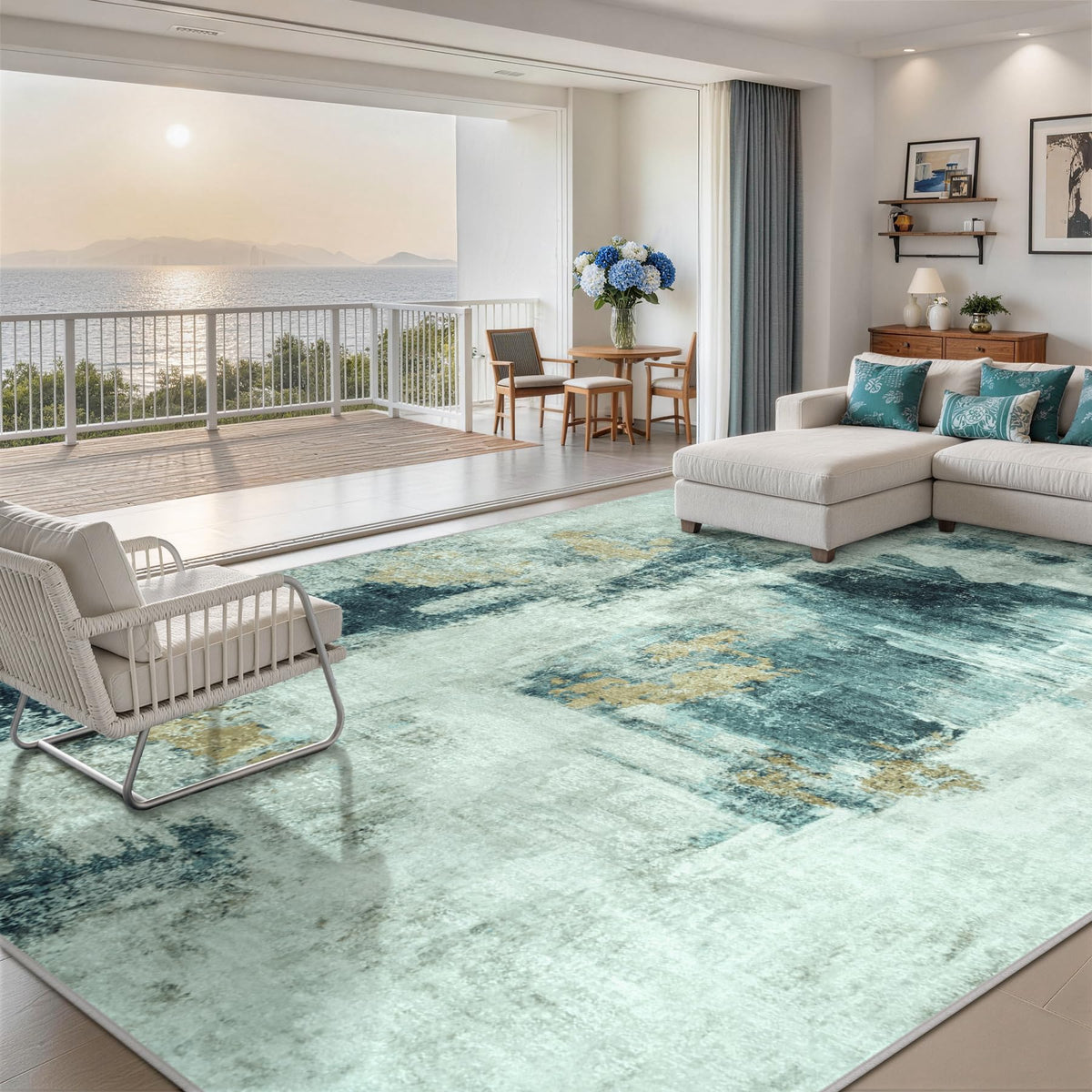 10x14 Area Rugs for Living Room Rug Washable: Abstract Large Rug Indoor Modern Carpet Non Slip for Dining Room Bedroom Nursery Home Office Teal Grey Gold