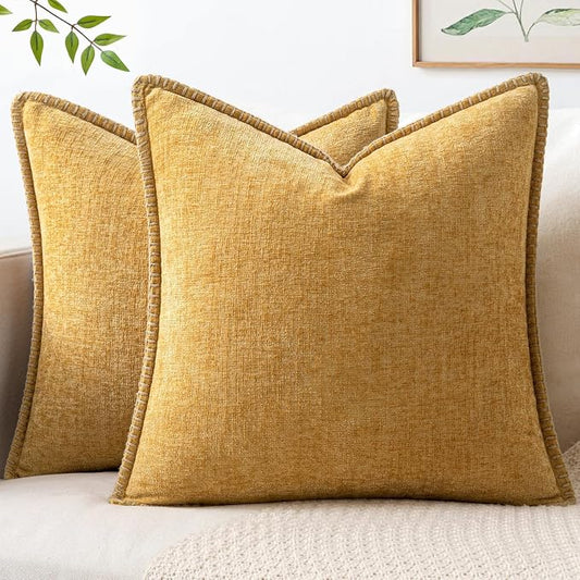MIULEE Pack of 2 Euro Sham Pillow Covers 24x24 Inch Gold Mustard Yellow Farmhouse Decorative Throw Pillow Covers with Stitched Edge Soft Chenille Solid Pillow Covers for Bed Sofa Couch Living Room
