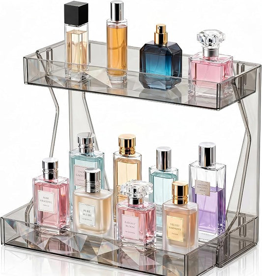 Perfume Organizer for Vanity, Premium Clear Acrylic Makeup Organizer Countertop with Non-Slip Trays, Easy 30-Second Assembly, Holds 12–16 Bottles for Bathroom & Dresser (Dark Diamond)