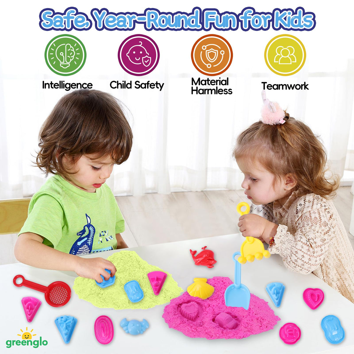 greenglo Kids Sensory Magic Sand Playset - 1.10 Lbs Color Sand Kit, 16 Pcs Molds (Cake/Dessert, car, sea Animal) & Tools, Ideal Sensory Bin for Boys & Girls Ages 3-8