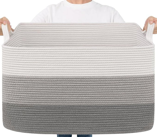 Goodpick 85L Large Woven Basket 23.6" x 15.7" x 13.8" Cotton Rope Storage Baskets for Organizing, Decorative Blanket Basket for Living Room Bedroom, Toy Baskets Storage Kids, Gray
