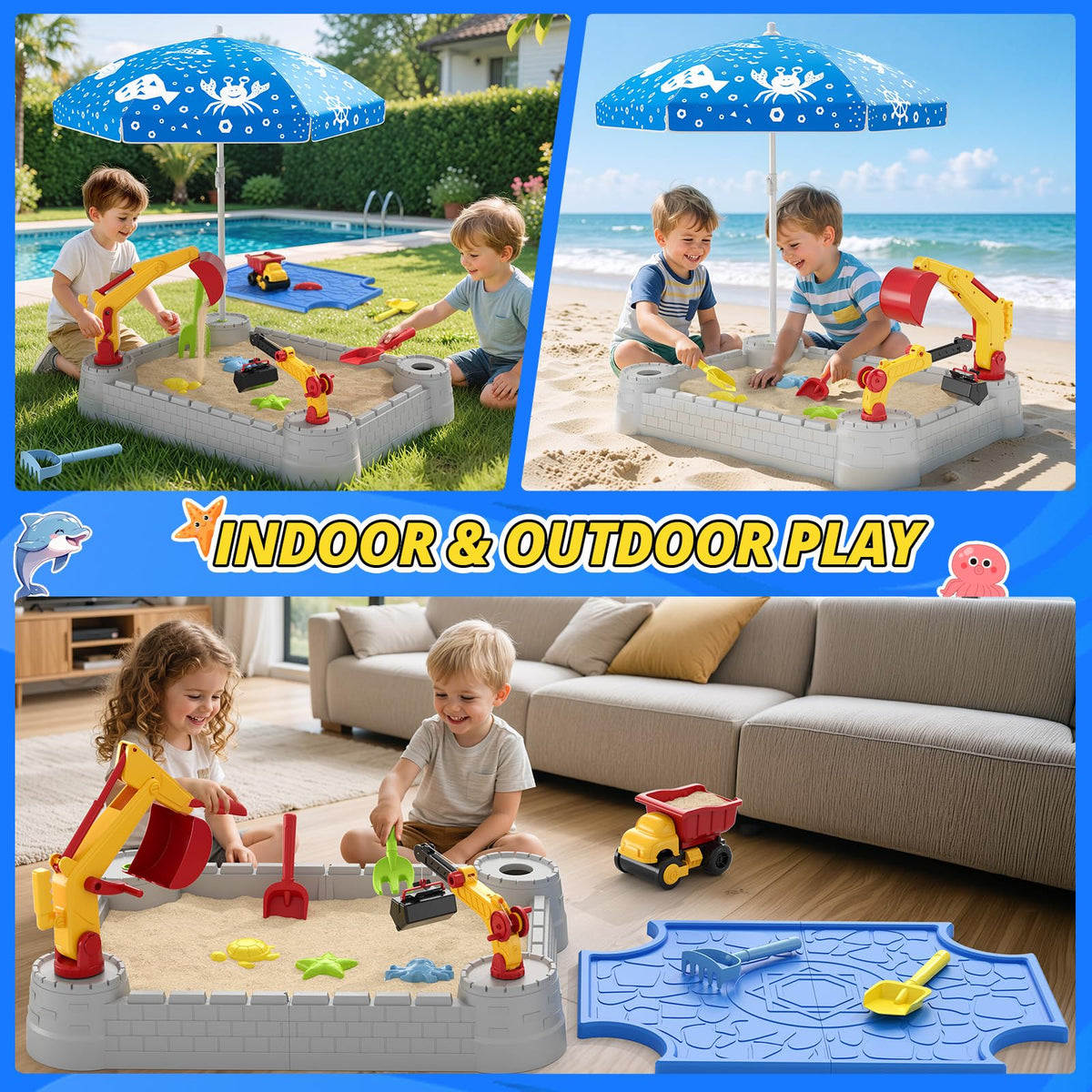 HYES Sandbox with Lid, Digger Excavator Plastic Sand Box with Cover, Play Sand Pit with Construction Toys/Umbrella/Beach Playset for Toddlers 1-3, Indoor Outdoor Sensory Gift for Kids Ages 4-8