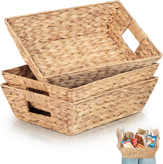 Water Hyacinth Snack Baskets by [Brand Name] - Set of 3 Wicker Organizers with Handles for Office Use