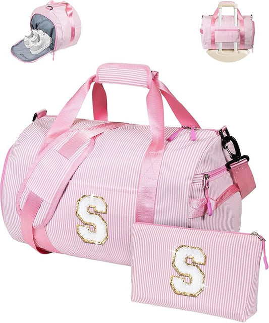 Birthday Gifts, Girl Gym Bag, Kids Initial Overnight Duffel Bags with Shoe Compartment, Personalized Travel Bag with Makeup Pouch, Gift for 3 4 5 6 7 8 9 10 11 12 Years Old Girls (Letter S)