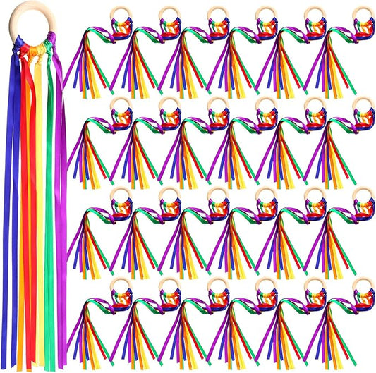 Junkin Ribbon Rings Hand Kite Waldorf Toys Dancing Wrist Ribbons Rainbow Streamers with Wood Ring Sensory Learning Educational Toy for Playroom Dancing Birthday Party Gift(Bright Color,24 Pcs)