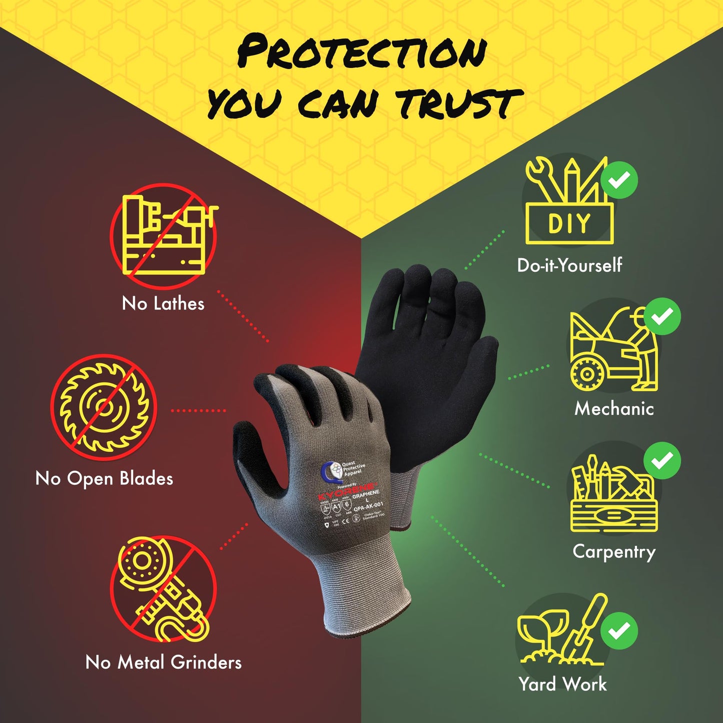 Quest Protective Apparel Cut Resistant Work Gloves (ANSI A1) – Lightweight Graphene Gloves for Gardening,DIY,Mechanical & General Handling – Breathable Grip Gloves for Men & Women – X-Large,Case of 72
