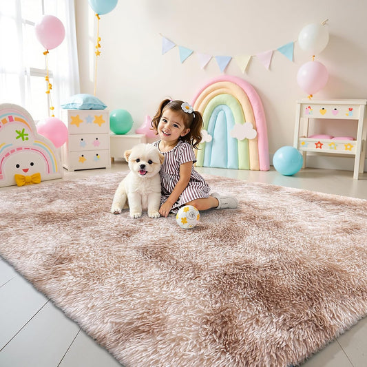 OLANLY Area Rug - Soft Fluffy Shaggy Carpet for Living Room & Bedroom | Machine Washable 4x5.9 Feet - Beige Tie-Dye
