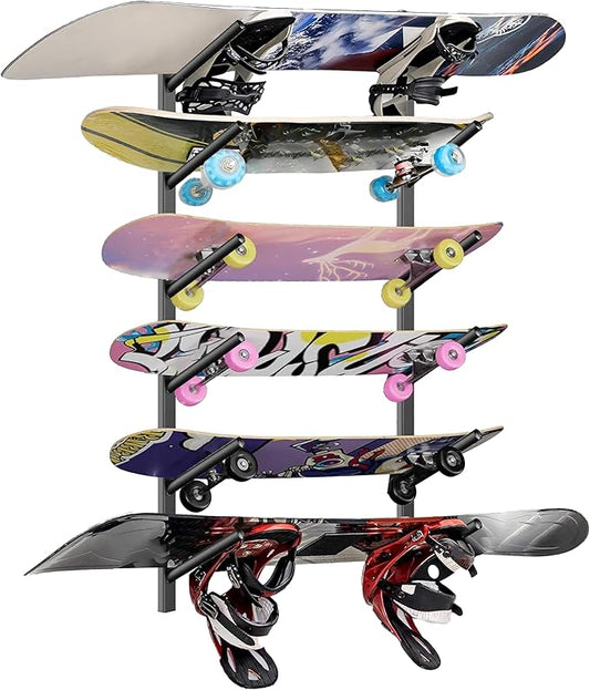 Skateboard Rack Wall Mount ??Skateboard Wall Hanger, Snowboard Display Wall Mount, Ski Holder | 6-Floor Skateboard & Ski & Snowboard Storage Rack | Snowboard & Ski Lover Gifts