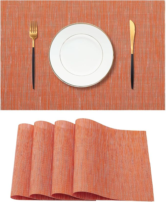 Leetaltree Orange Placemats Set of 4 - Heat Resistant Non-Slip Place mats for Dining Table, Washable Durable PVC Vinyl Woven Table Matsï¼Orange, 4ï¼
