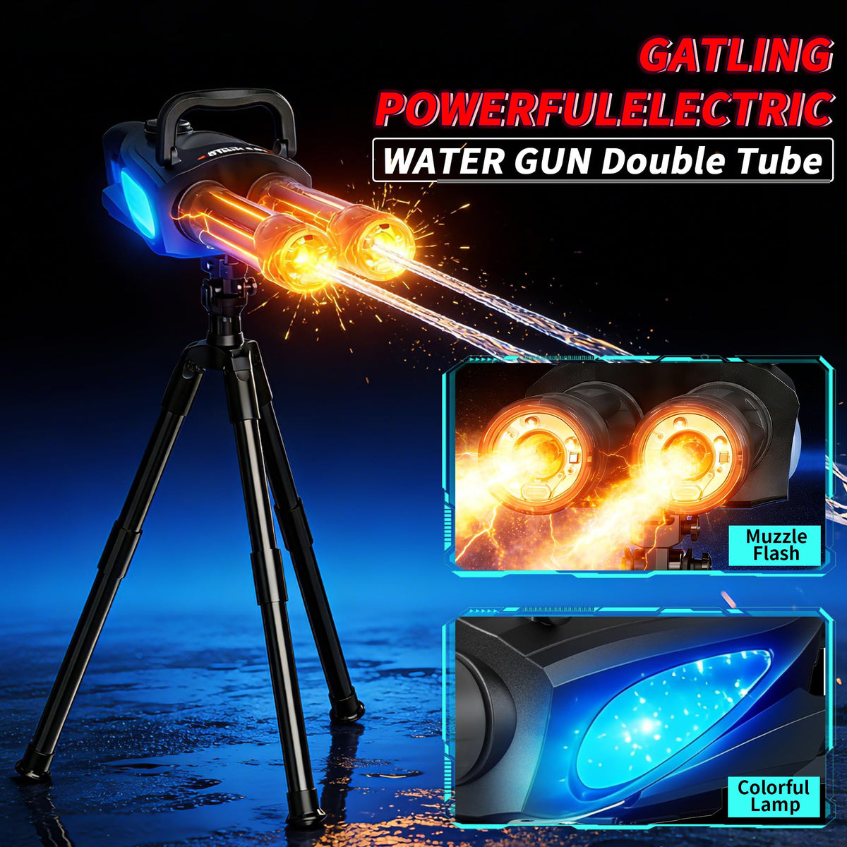 Gatling Electric Water Gun for Kids & Adults - Rotating Double Barrel Squirt Gun with Stand and LED Light, Long Range Automatic Water Guns with Backpack, Outdoor Water Blaster Pistol Pool Party Toys