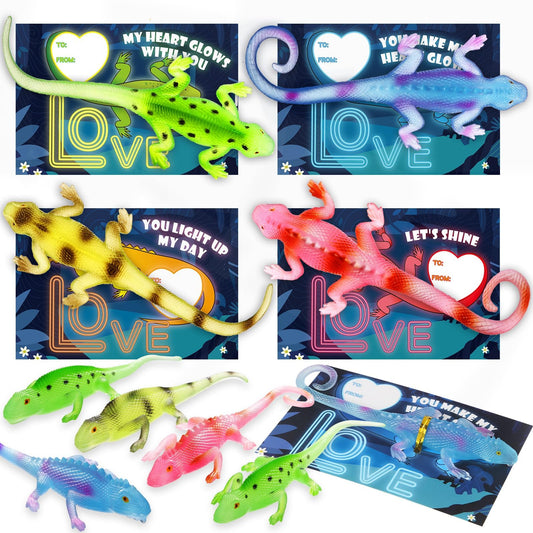 AuroTops Valentines Day Cards for Kids, 24 Pack Glow in The Dark Lizards with Valentine's Cards, Stretch Toy for Valentine Party Favors for Boys & Girls, Kids Exchange Valentine's Gifts