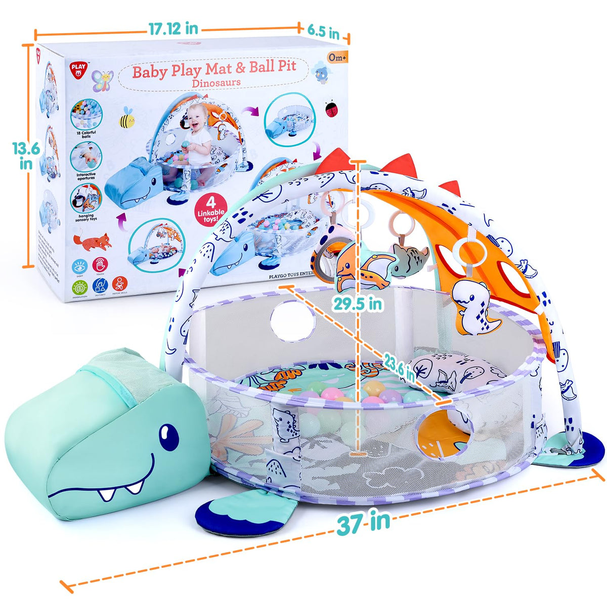 PLAY 4-in-1 Baby Play Mat - Dinosaur Baby Gyms & Playmats Tummy Time Mat Washable, Baby Activity Center with 4 Sensory Toys & 1 Soft Pillow, Develop Motor Skills Gift for Newborn Toddler - Multi