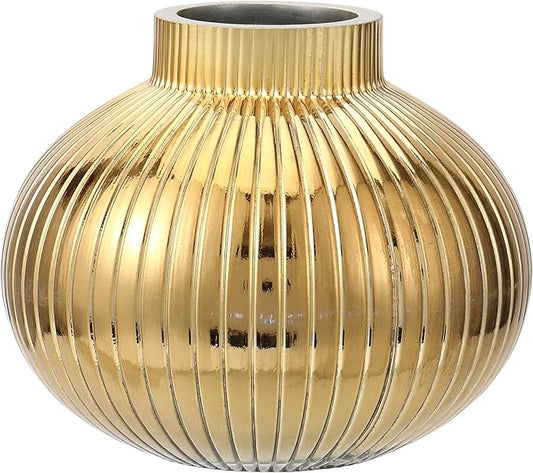 Gold Glass Vase, Flower Vases for Bouquet, Ribbed Glass Vases for Flowers, Small Gold Vase for Living Room, Office, Coffee Table, Shelf, Wedding, 6 Inches