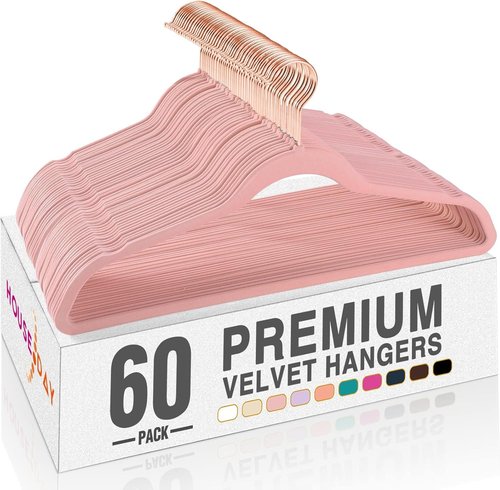 HOUSE DAY Pink Velvet Hangers - Premium Non-Slip Felt Clothes Hangers | 60 Pack, Space-Saving Design with 360° Swivel Rose Gold Hook