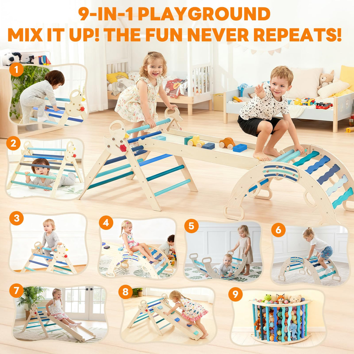 DUMOS Pikler Triangle Set, Toddler Climbing Toys and Play Structure Indoor, 9-in-1 Wooden Montessori Climbing Set with Arch, Ramp and Ladder, Foldable Baby Jungle Gym