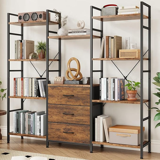 AFLUI Triple Bookshelf with 3 Fabric Drawers, 4-Tier Book Shelf and 10 Display Shelves, Industrial Large Bookcase for Home & Office, Rustic Brown, 59'' Wide