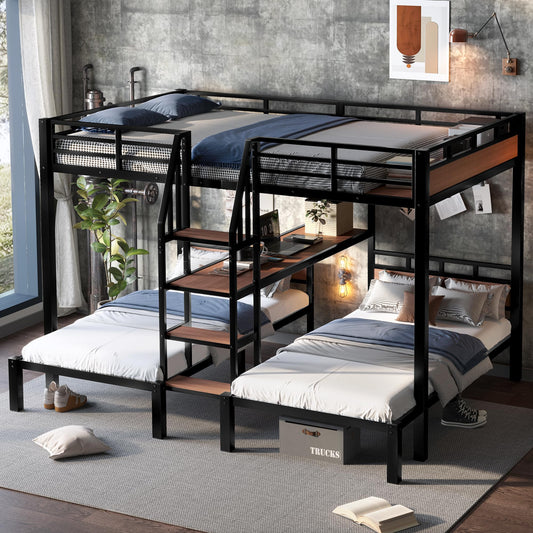 Bellemave Queen Over Twin Over Twin Bunk Bed with Stairs and Storage Shelf, Heavy Duty Triple Bunk Beds with Safety Guardrails, Metal Triple Bunk Bed Frame for 3 Kids, Teens, Black