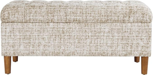 Homepop Home Decor | Tufted Ainsley Button Storage Ottoman Bench with Hinged Lid | Ottoman Bench with Storage for Living Room & Bedroom, Cream Textural Woven
